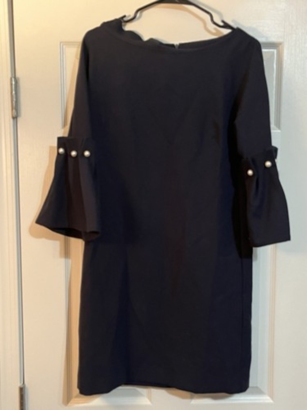 Banana Republic Navy Blue Shift Dress with Pleated Pearl Bell Sleeves - Size 8